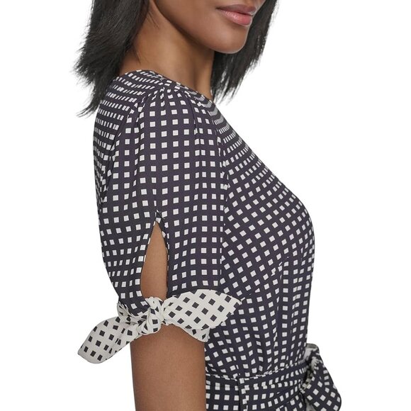 H Halston Short Sleeve Printed Belted Dress Size 10 Black White Checkered Midi - Picture 4 of 5